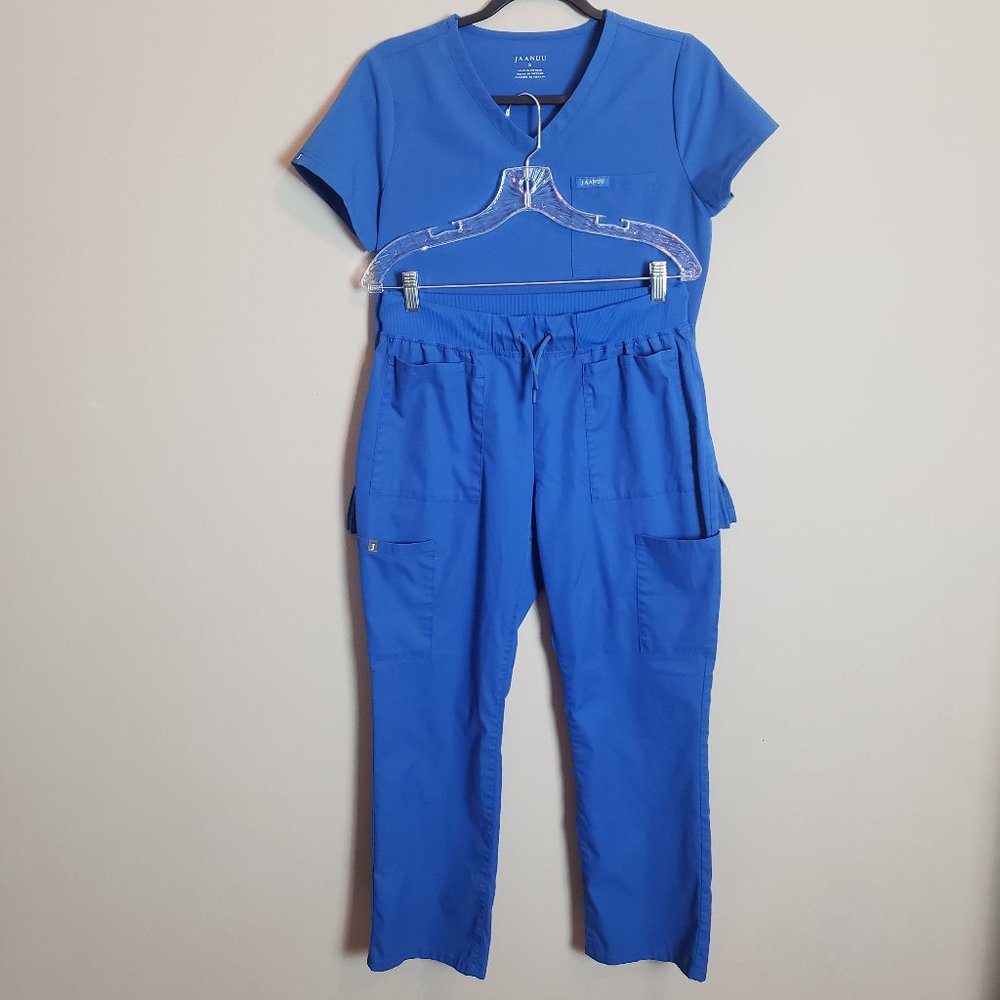 Jaanuu Royal Blue 3-Pocket V-Neck Top Small + Drawstring 6 Pocket Pant Scrub Set
